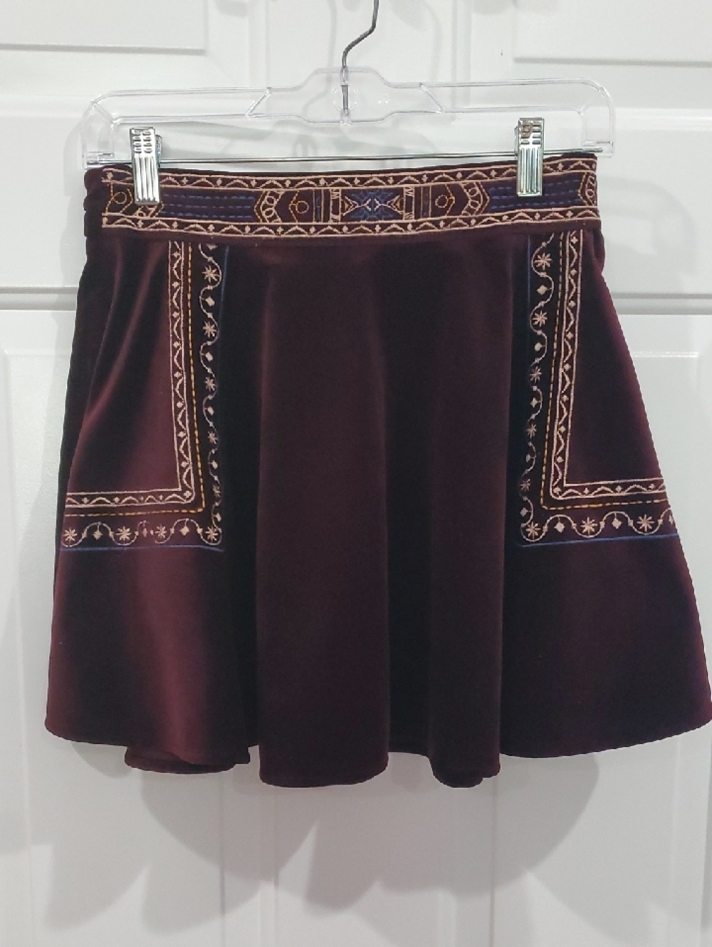 Flying Tomato Boho Embroidered Velvet Skater Skirt in Deep Maroon Small